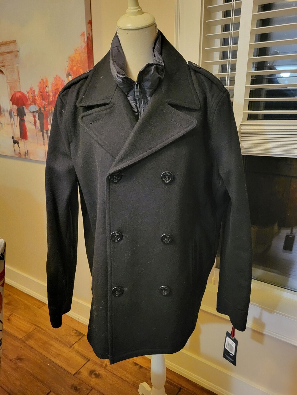 Tommy Hilfiger Black Double-Breasted Wool Peacoat with Zip Inner Layer